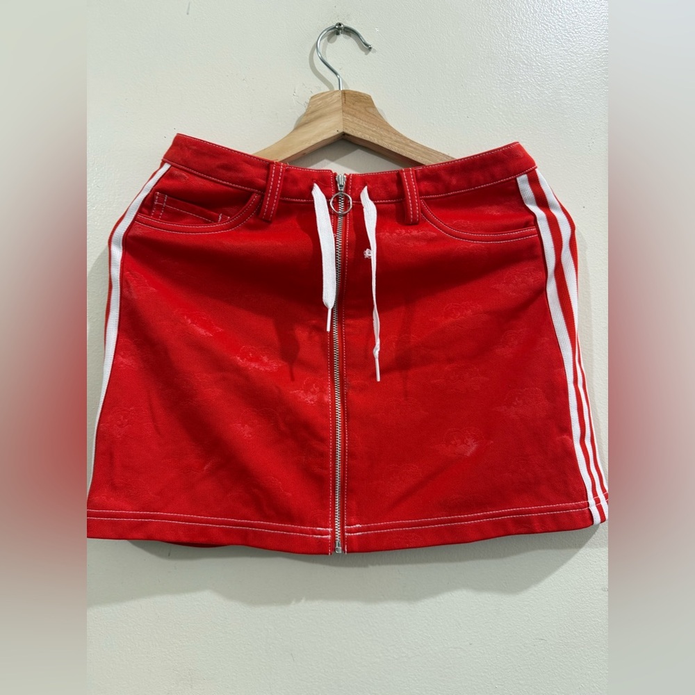 Red Mini Skirt with White Side Stripes and Front Zip Drawcord